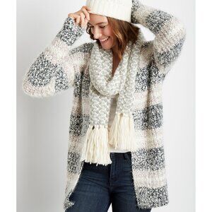 MAURICES Stripe Cozy Open Front Cardigan Black Tan Eyelash Knit Fuzzy Sweater M